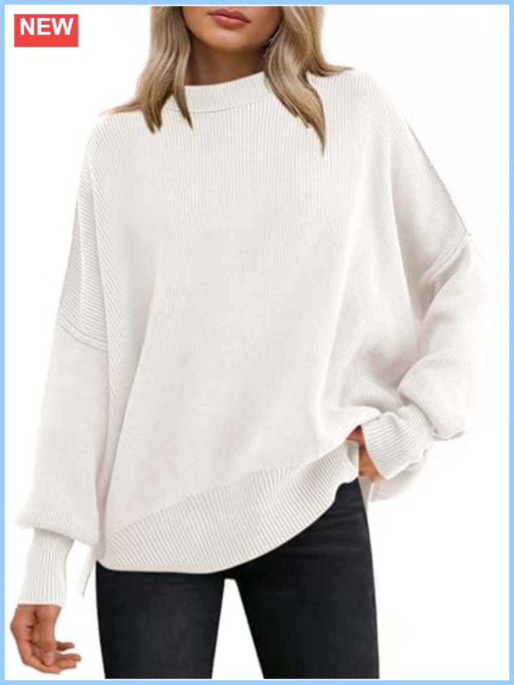 Women's Chunky Ribbed Knit Pullover Batwing Long Sleeve Crewneck Side Slit